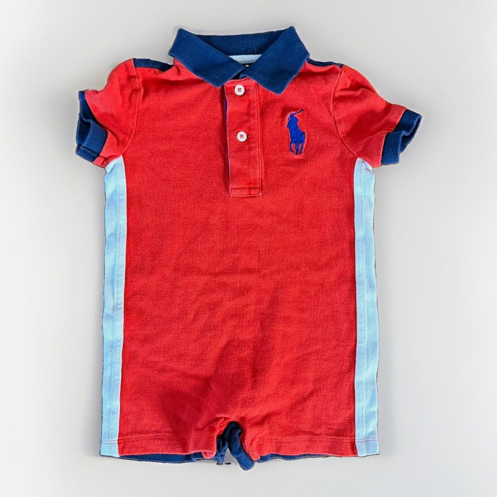 Ralph Lauren Baby 12M Colorblock Piqué Cotton Collared Romper Emb Logo SS